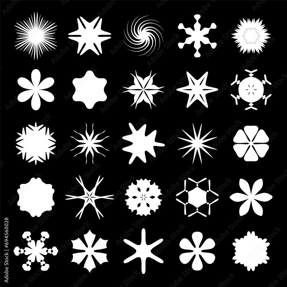 Vector set of abstract minimalistic geometric elements. Contemporary simple various zigzag shapes, curves, circles for logo. Star Icons. Symbols Shine Elements. Curved lines