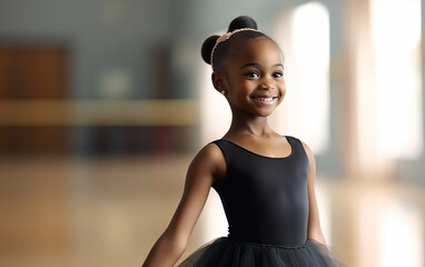 Black-skinned 7 years old ballerina in dance studio - ballet and dancer concept