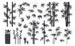 Bamboo silhouettes. Jungle forest plants leaves and branches, black ink decorative bamboo flat vector illustration set. Bamboo branches silhouette collection
