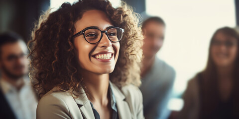 Wall Mural - smiling woman in glasses with group of people in meeting, generative AI