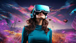 A young woman in the metaverse, wearing a VR headset background in an imaginary future city. Generative AI