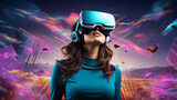 Fototapeta Pokój dzieciecy - A young woman in the metaverse, wearing a VR headset background in an imaginary future city. Generative AI