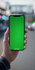man holding smartphone in the hand, chromakey, shot close up, macro, green screen, concept layout for advertising applications on a smartphone, vertical video, mock up