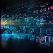 © virginna - Neon formulas, calculations, math marks, block diagram, flowchart written on transparent glass wall on black background. Purple, blue scientific signs