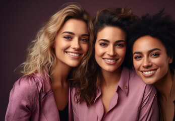 Canvas Print - Friends in casual poses on a mauve background, capturing the essence of friendship and camaraderie. Generative Ai.