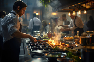 Sticker - A bustling kitchen with chefs skillfully preparing dishes, symbolizing the dynamism of the culinary world. Generative Ai.