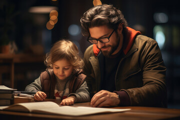 Poster - A parent helping a child with homework, embodying the responsibilities and care involved in nurturing the next generation. Generative Ai.