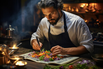 Canvas Print - A chef skillfully preparing a dish in a restaurant kitchen, showcasing creativity and expertise in culinary arts. Generative Ai.