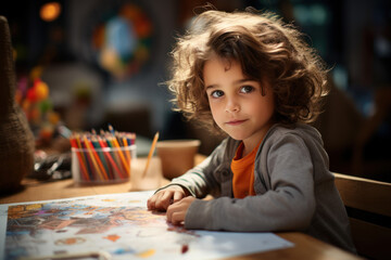 Poster - Deep concentration marks the child's expression as they engage in a creative activity. Concept of focus and artistic exploration. Generative Ai.