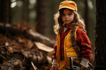 Wall Mural - Adventurous Lumberjack child girl forest. People face. Generate Ai