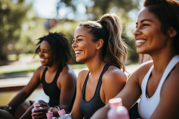 Wall Mural - multiethnic sportswomen smiling at camera while exercising on rooftop