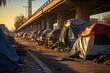 A row of dilapidated tents pitched beneath an overpass, illustrating the challenges faced by those living in makeshift encampments. Generative Ai.