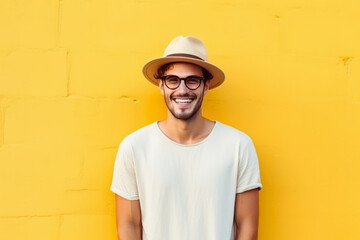 cheerful young man in yellow hat and glasses on yellow background