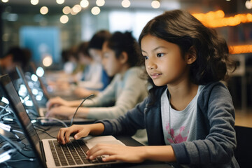 Little asian girl using laptop computer in library. Education and technology concept.