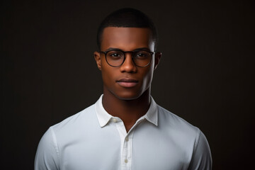 Poster - Young african american man in black leather jacket and glasses on dark background