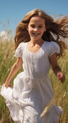 Canvas Print - Innocence concept with extremely happy 5 years old girl in white dress running in tall grass