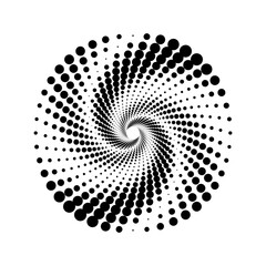 Poster - Dotted spiral element. Radial spinning halftone form. Circle swirl dots shape. Abstract geometric background for poster, banner, logo, icon, collage, sign, presentation, booklet. Vector illustration