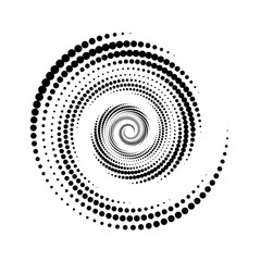 Poster - Dotted spiral lines element. Radial spinning halftone form. Circle swirl dots shape. Abstract geometric background for poster, banner, logo, icon, collage, presentation, booklet. Vector illustration