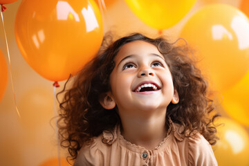 Happy indian little girl excited looking up in the balloons