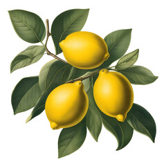 branch with lemons vintage illustration drawing. Isolated on transparent background