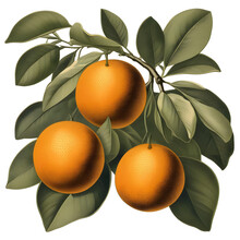 Branch With Oranges Vintage Illustration Drawing. Isolated On Transparent Background