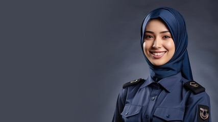 Malay woman in navy uniform smile isolated on pastel background