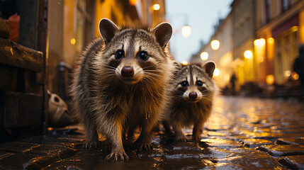 two raccoons on a city street. where are the animals on the evening street