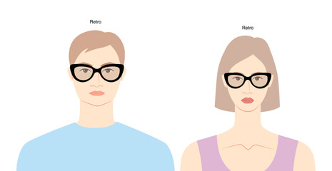 Sticker - Retro frame glasses on women and men flat character fashion accessory illustration. Sunglass front view unisex silhouette style, rim spectacles eyeglasses with lens sketch outline isolated on white