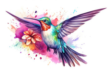 Wall Mural - Hummingbird illustration watercolor nature green bird design