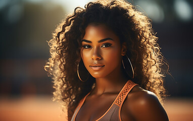 Beauty portrait of an African American woman with a tennis court in the background. Beautiful afro girl. Curly black hair.