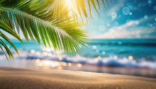 Palm Tree On Tropical Beach With Blue Sky And White Clouds Abstract Background.	
