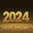 2024 Happy New Year Design in 3D featuring dazzling and shimmering golden glitter