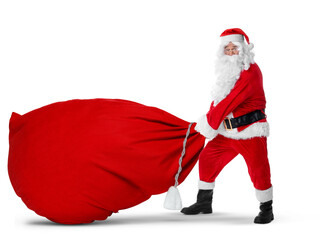 Wall Mural - Santa Claus with big red bag full of Christmas presents on white background