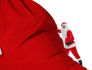 Sticker - Santa Claus with big red bag full of Christmas presents on white background