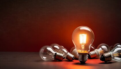 One of Lightbulb glowing among shutdown light bulb in dark area with copy space for creative thinking 