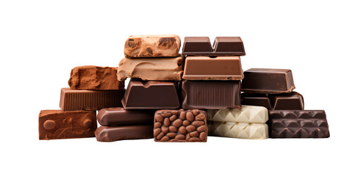 Wall Mural - Various types of square chocolates are piled up. Transparent background. Generative AI