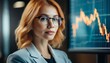 Portrait of blonde female expert in glasses looking at screen with financial data close up 