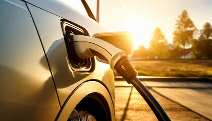 Canvas Print - Power supply for electric car charging. Electric car charging station. Close up of the power supply plugged into an electric car being charged. 