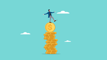 financial stability and money management concept vector illustration, economic balance concept, businessman balance on unstable coins stack concept modern flat design style