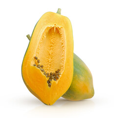 Wall Mural - Sliced papaya, seeds, and flesh on a white background