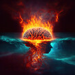 The brain is drowning in water and the fire is burning in it. Mind depression problem  Mind concept images
