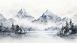 高い山とフィヨルドの沿岸が描かれた水墨画風の風景