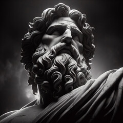 Handsome marble statue of powerful greek god Poseidon over dark background, The powerful king of the gods in ancient Greek religion. Bust of greek god . Ancient Greek mythology. Antique sculpture.