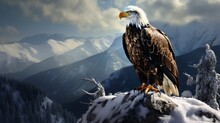 Eagle In A Stoic Stance Atop A Snowy Peak, With Detailed Snow Textures.
