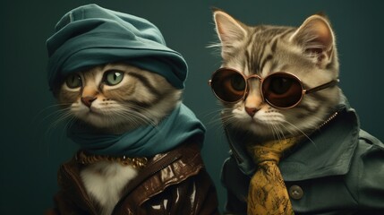 Canvas Print - A couple of cats wearing sunglasses and a hat. Generative AI.