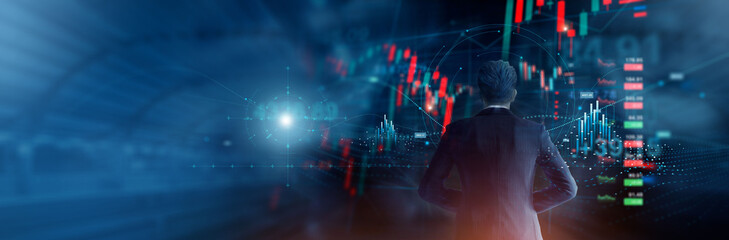 Poster - Investor, businessman analysing stock market indicators, Financial chart and graph stock trading online on virtual screen, Stock exchange, Financial data and investment strategy.
