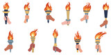 Fototapeta  - Hand holding a torch. Sport symbol, flat vector illustration design. Torch, Flame. Vector isolated burning torches flames in hands.