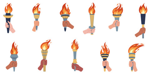 Hand holding a torch. Sport symbol, flat vector illustration design. Torch, Flame. Vector isolated burning torches flames in hands.