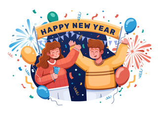 Wall Mural - Vector illustration of a couple celebrating the New Year together surrounded by vibrant fireworks, balloons, and confetti. The couple joyously welcomes the start of a new year