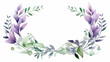 Watercolor wreath with green eucalyptus leaves and purple flowers